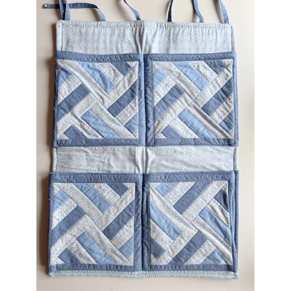 Handmade White Blue Floral Heart Spinning Ribbons Quilted Wall Hanging Organizer